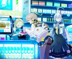  3girls angel_wings azusa_(blue_archive) backpack bag black_pantyhose blue_archive blush burger cash_register cashier clip_studio_paint_(medium) convenience_store display_case drink energy_drink eudetenis feathered_wings food halo hifumi_(blue_archive) highres multiple_girls panties pantyhose pantyshot peroro_(blue_archive) pizza pizza_slice plastic_bottle shelf shop shopping sora_(blue_archive) store_clerk underwear upskirt white_wings wings 
