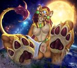absurd_res anthro breasts clothing destruction dreadlocks earth egyptian_clothing feet felid female foot_fetish genitals hi_res jewelry lion looking_at_viewer macro mammal nipples nude pantherine pawpads paws planet pussy redelder solo sun tail