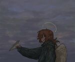  1girl :d arm_at_side black_eyes black_jacket blush cloud cloudy_sky dark evening feathered_wings from_side halo hasu_art highres holding_paper_airplane jacket long_sleeves looking_at_viewer open_mouth orange_hair original outdoors outstretched_arm sky smile solo upper_body white_wings wings 