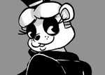  2016 animatronic anthro bear black_and_white crossgender female five_nights_at_freddy&#039;s freddy_(fnaf) grey_background hat inkyfrog looking_at_viewer looking_back machine mammal monochrome robot simple_background smile solo top_hat video_games 
