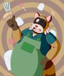 2024 anthro apron belly brandonthehusky brown_body clothing hi_res male mammal one_eye_closed open_mouth overweight overweight_male procyonid raccoon rascal_(robot_dreams) robot_dreams shirt smile solo spatula tools topwear wink