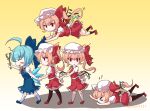  5girls ahoge black_thighhighs blonde_hair blue_bow blue_dress blue_footwear blush_stickers bow branch cirno clone crystal_wings dress flandre_scarlet flying_sweatdrops four_of_a_kind_(touhou) gradient_background hair_bow hat holding holding_branch jyaoh0731 looking_at_viewer mob_cap multiple_girls one_side_up open_mouth pointy_ears red_eyes red_footwear red_skirt red_vest shirt short_sleeves skirt socks thighhighs touhou vest white_hat white_shirt white_socks yellow_background 