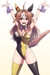  1girl ahoge animal_ears armpits arms_up asymmetrical_legwear black_leotard black_thighhighs blush breasts brown_hair cleavage commentary_request copano_rickey_(umamusume) cowboy_shot detached_collar double_bun ear_covers ear_ornament fang hair_between_eyes hair_bun hair_ornament highleg highleg_leotard highres horse_ears horse_girl horse_tail large_breasts leotard long_hair looking_at_viewer mismatched_legwear multicolored_hair nontraditional_playboy_bunny open_mouth pataneet pink_eyes simple_background skin_fang smile solo strapless strapless_leotard streaked_hair tail tassel tassel_hair_ornament thighhighs two-tone_leotard umamusume white_background white_hair wrist_cuffs yellow_leotard yellow_thighhighs 
