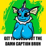 1:1 anthro big_breasts blue_body blue_skin blush breasts digital_drawing_(artwork) digital_media_(artwork) eeveelution featureless_breasts female frill_(anatomy) generation_1_pokemon green_background looking_at_viewer membrane_(anatomy) membranous_frill meme neck_frill nintendo nude pokemon pokemon_(species) simple_background smile solo vaporeon yellow_background yogurtbeans