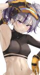  1girl absurdres armpits black_shirt breasts closed_mouth commentary_request crop_top drilley_(nikke) earrings frown fujisaki_subaru gloves goddess_of_victory:_nikke grey_hair highres jewelry looking_at_viewer medium_breasts midriff multicolored_hair navel purple_eyes purple_hair shirt short_twintails simple_background single_sleeve skin_tight solo streaked_hair sweat sweaty_armpits twintails two-tone_hair white_background yellow_gloves 