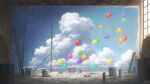  akafune balloon blue_sky box cloud cloudy_sky cumulonimbus_cloud indoors ladder mural no_humans original paint_can rolled_up_paper scenery sidelighting signature sky spray_can stool tile_floor tiles 