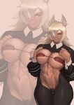  1girl abs animal_ears bandeau black_shrug breasts cat_ears cat_girl crossed_bangs crotchless crotchless_pantyhose dark-skinned_female dark_skin detached_collar eyepatch female_pubic_hair ghislaine_dedoldia grey_hair grey_pubic_hair hair_between_eyes hands_on_own_chest highres large_breasts long_hair looking_at_viewer maebari meme_attire muscular muscular_female mushoku_tensei navel one-eyed pantyhose pubic_hair red_bandeau red_eyes revealing_clothes reverse_bunnysuit reverse_outfit scar scar_on_cheek scar_on_face scar_on_stomach skindentation smile solo stomach thigh_gap wrist_cuffs zoom_layer zukululuu 