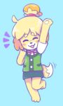 2018 3_fingers 3_toes ^w^ accessory animal_crossing anthro barefoot bell black_nose blonde_hair blue_background bottomwear canid canine canis cheering clothing colored dipstick_tail domestic_dog eyebrows eyes_closed feet female fingers floppy_ears fluffy_ears fur graskip green_bottomwear green_clothing green_skirt green_topwear green_vest hair hair_accessory hairband happy hi_res isabelle_(animal_crossing) jingle_bell mammal markings motion_lines nintendo one_leg_up open_mouth pawpads ponytail raised_arm raised_leg red_cheeks red_clothing red_hairband shaded shih_tzu shirt simple_background skirt solo standing t-shirt tail tail_markings tied_hair toes topwear toy_dog vest white_clothing white_muzzle white_pawpads white_shirt white_t-shirt white_tail_tip white_topwear yellow_body yellow_fur