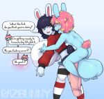 absurd_res anthro big_breasts blush breasts carrying_another dialogue duo female genitals hair hi_res huge_breasts hyper hyper_breasts hyper_genitalia imminent_sex lagomorph leporid male male/female mammal mind_control piggyback pink_eyes pink_hair rabbit razbunny razz_(razbunny) small_but_hung