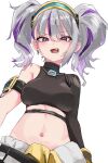  1girl black_shirt breasts clothes_around_waist crop_top drilley_(nikke) earrings fang gloves goddess_of_victory:_nikke grey_hair highres jacket jacket_around_waist jewelry looking_at_viewer medium_breasts midriff multicolored_hair navel ninchan open_mouth purple_eyes purple_hair shirt short_twintails simple_background single_sleeve solo streaked_hair twintails two-tone_hair white_background yellow_gloves 
