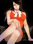  1girl black_hair bow bowtie crossed_legs feet_out_of_frame grey_eyes guilty_gear hand_on_own_knee highres lipstick long_hair looking_at_viewer makeup nail_polish nordicpuff red_lips red_nails sharon_(guilty_gear) sitting smile solo white_bow white_bowtie 