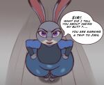 3_toes absurd_res angry anthro armor body_armor clothing disney feet female fur glaring glaring_at_viewer grey_body grey_fur hands_on_hips hi_res judy_hopps lagomorph leporid long_ears mammal mr_dark_and purple_eyes rabbit shirt solo speech_bubble toes topwear wide_hips zootopia