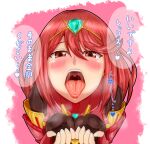  1girl blush breath core_crystal_(xenoblade) cupping_hands fingerless_gloves from_above gloves looking_at_viewer mouth_focus open_mouth oral_invitation own_hands_together pyra_(xenoblade) red_eyes red_hair saliva saliva_trail samu_poteto short_hair solo speech_bubble swept_bangs teeth tiara tongue tongue_out translation_request two-tone_background uvula xenoblade_chronicles_(series) xenoblade_chronicles_2 