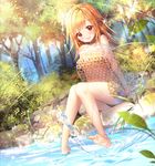  ahoge aile_(crossroads) arms_at_sides bandeau bangs bare_shoulders barefoot bikini blonde_hair blush brown_eyes character_request day eyebrows_visible_through_hair forest frilled_bikini frills full_body grass halter_top halterneck kicking long_hair looking_at_viewer nature open_mouth original outdoors plant sitting skirt sleeveless smile soaking_feet solo sparkle splashing swimsuit teeth toes tree water wet 