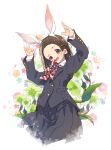  1girl :d akebi-chan_no_serafuku animal_ear_hairband animal_ears arms_up black_jacket black_skirt blazer blush bow bowtie braid brown_eyes brown_hair collared_shirt commentary_request cowboy_shot fake_animal_ears flower_(symbol) hair_slicked_back hairband hamayumiba_sou highres jacket looking_at_viewer loose_hair_strand medium_hair open_mouth pink_bow pink_bowtie plant pleated_skirt rabbit_ear_hairband rabbit_ears rabbit_pose raised_eyebrow red_bow red_bowtie shirt side_braid skirt smile solo usagihara_touko white_background white_shirt 