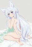  1girl animal_ears artist_request ass barefoot blue_eyes blush breasts completely_nude covering_breasts covering_privates extra_ears eyebrows_hidden_by_hair fenrys from_behind full_body hair_between_eyes highres holding holding_towel long_hair looking_at_viewer looking_back lv2_kara_cheat_datta_moto_yuusha_kouho_no_mattari_isekai_life magazine_scan megami_magazine nude official_art on_bed pointy_ears scan sideboob simple_background sitting smile soles solo third-party_source toes towel very_long_hair wariza wolf_ears 