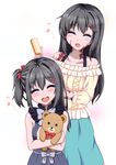  :d ^_^ bare_shoulders black_hair brush burn_scar closed_eyes collarbone doll_hug dorei_to_no_seikatsu_~teaching_feeling~ eighth_note hair_ornament hairclip hairdressing happy if_they_mated long_hair mother_and_daughter multiple_girls musical_note older open_mouth scar side_ponytail simple_background skirt smile stuffed_animal stuffed_toy sylvie_(dorei_to_no_seikatsu) takahiko teddy_bear 