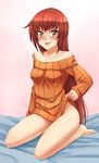  bare_shoulders brown_eyes brown_hair full_body heart heart-shaped_pupils highres kawakami_kazuko kneeling long_hair looking_at_viewer maji_de_watashi_ni_koi_shinasai! naked_sweater solo sweater symbol-shaped_pupils tongue tongue_out twrlare 