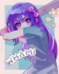  1girl aubrey_(headspace)_(omori) aubrey_(omori) baseball_bat blue_shirt blush bow closed_mouth hair_bow highres holding holding_baseball_bat idawnrunner long_hair omori pink_bow purple_eyes purple_hair shirt short_sleeves solo 