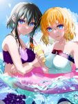  2girls afloat bikini blue_sky blush cloud cup day drink drinking_straw fire_emblem fire_emblem:_genealogy_of_the_holy_war food highres holding holding_cup holding_drink ice lana_(fire_emblem) larcei_(fire_emblem) looking_at_viewer mu_tu_bu multiple_girls one-piece_swimsuit open_mouth orange_hair outdoors partially_submerged short_hair sky smile swimsuit tropical_drink water wet 