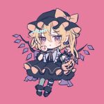  1girl ascot bat_wings blonde_hair bow candy chibi crystal flandre_scarlet food hair_bow halloween halloween_costume happy_halloween hat hat_ribbon hiyuu_(hiyualice) jack-o&#039;-lantern mob_cap multicolored_wings one_side_up puffy_short_sleeves puffy_sleeves pumpkin red_background red_eyes red_skirt red_vest ribbon short_sleeves side_ponytail skirt skirt_set solo touhou vest white_hat wings yellow_ascot 