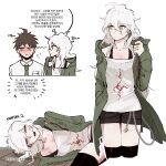  1boy 1girl :d absurdres ahoge black_thighhighs blush brown_eyes brown_hair chain collarbone danganronpa_(series) danganronpa_2:_goodbye_despair genderswap genderswap_(mtf) green_jacket green_necktie hand_up highres hinata_hajime jacket komaeda_nagito long_hair long_sleeves looking_to_the_side lying necktie on_side open_clothes open_jacket print_shirt seumol_sx shirt short_hair short_shorts shorts smile standing teeth thighhighs translation_request upper_teeth_only white_hair 