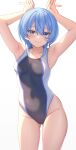  1girl absurdres aoi_zerii armpits black_one-piece_swimsuit blue_eyes blue_hair breasts highres hololive hoshimachi_suisei one-piece_swimsuit rabbit_pose short_hair simple_background small_breasts solo star_(symbol) star_in_eye swimsuit symbol_in_eye two-tone_swimsuit virtual_youtuber white_background 