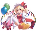 1girl absurdres ascot balloon blonde_hair crystal_wings flandre_scarlet full_body hat hat_ribbon heart high_heels highres iris_(airisu495) open_mouth red_eyes red_ribbon ribbon side_ponytail simple_background solo thighhighs touhou white_background white_mob_cap white_thighhighs wrist_cuffs yellow_ascot 