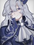  1boy argalia_(project_moon) ascot blue_cape blue_eyes blue_jacket cape closed_mouth jacket library_of_ruina long_hair looking_to_the_side pepo_(y02d) project_moon sidelocks simple_background smile solo white_ascot white_background white_hair 