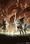  asymmetrical_legwear battle blurry cape commentary copyright_name dark depth_of_field dragon dress explosion fantasy fire force_of_will from_behind gloves hat highres konno_takashi long_hair mage magic multiple_girls pouch purple_hair silhouette thighhighs watermark witch_hat 