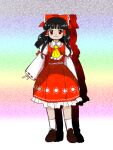  1girl absurdres ascot black_hair blunt_bangs bow brown_footwear closed_mouth collared_shirt commentary_request frilled_ascot frilled_bow frilled_hair_tubes frilled_shirt_collar frilled_skirt frills full_body hair_bow hair_tubes hakurei_reimu happy highres juliet_sleeves kneehighs loafers long_hair long_sleeves monodoku puffy_sleeves red_bow red_eyes red_ribbon red_skirt red_vest ribbon ribbon-trimmed_sleeves ribbon_trim shirt shoes sidelocks skirt sleeve_ribbon smile socks solo touhou undershirt vest white_shirt white_socks wide_sleeves yellow_ascot zun_(style) 