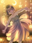  1girl ahoge back_bow backlighting bare_shoulders blue_eyes blush bob_cut bow breasts brown_hair collarbone cowboy_shot dancing dress medium_breasts moon_(ornament) nose_blush open_mouth original outstretched_arms ribbon see-through see-through_silhouette short_hair smile solo star_ornament strapless strapless_dress tachiinu thighs 