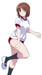  1girl black_socks bright_pupils brown_eyes brown_hair buruma closed_mouth commentary girls_und_panzer gym_shirt gym_uniform highres leaning_forward leg_up looking_at_viewer nishizumi_miho ponzu_rui red_buruma shirt shoes short_hair simple_background smile socks solo standing standing_on_one_leg t-shirt uwabaki white_background white_footwear white_pupils white_shirt 