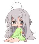  1girl ahoge barefoot blush bottomless braid chibi green_shirt grey_hair hair_between_eyes hair_ribbon hoshi_syoko idolmaster idolmaster_cinderella_girls long_hair looking_at_viewer lowres moru_(monaka) pink_ribbon ribbon shirt side_braid simple_background sitting solo very_long_hair white_background 