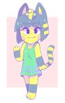  2018 3_fingers 3_toes :3 animal_crossing ankha_(animal_crossing) anthro bangs barefoot black_eyes blonde_highlights blue_hair blue_markings blue_stripes border clothing colored domestic_cat dress egyptian egyptian_headdress eyebrows eyelashes feet felid feline felis female fingers fur graskip green_clothing green_dress hair hi_res highlights_(coloring) hybrid mammal markings nintendo noseless pink_body pink_cheeks short_hair solo standing striped_markings striped_tail stripes tail tail_markings toes white_border yellow_body yellow_fur yellow_inner_ear yellow_stripes 