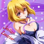  blonde_hair blush breasts character_name cleavage covered_nipples from_above gundam gundam_seed gundam_seed_destiny large_breasts off_shoulder parted_lips purple_eyes red_eyes runaru short_hair solo stellar_loussier wide_sleeves 