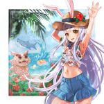  1girl animal_ears armpits arms_up azur_lane beach blue_shorts border flower hat hat_flower hawaiian_shirt highres hikimayu long_hair looking_at_viewer lucky_daikichi manjuu_(azur_lane) meowfficer_(azur_lane) midriff navel ocean official_alternate_costume open_mouth outdoors outside_border rabbit_ears red_flower sand shimakaze_(azur_lane) shirt short_sleeves shorts smile straw_hat tied_shirt water waving white_border white_hair white_shirt yellow_eyes 