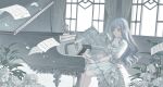  1girl bang_dream! bang_dream!_it&#039;s_mygo!!!!! blue_hair chinese_commentary choker closed_mouth collarbone commentary_request couch curtains dress flower grand_piano highres indoors instrument long_hair music papers piano playing_instrument playing_piano rose sheet_music sitting smile solo togawa_sakiko white_choker white_dress white_flower white_rose window xukong yellow_eyes 