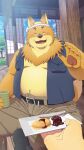 2024 5_fingers absurd_res anthro belly big_belly blush bottomwear canid canine clothing detailed_background duo eyes_closed eyewear fingers food fox glasses hi_res humanoid_hands kemono male mammal moobs morenatsu open_mouth overweight overweight_male pants sitting smile solo_focus tetillust tetsuya_inoue