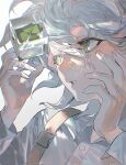  1boy close-up clover collared_shirt danganronpa_(series) danganronpa_2:_goodbye_despair floating floating_object four-leaf_clover green_eyes grey_hair hair_between_eyes highres kiyoshi_st komaeda_nagito leaf long_sleeves looking_at_object male_focus medium_hair parted_lips plant portrait shirt simple_background solo white_background white_shirt 