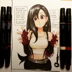  1girl art_tools_in_frame black_hair breasts final_fantasy final_fantasy_vii fingerless_gloves gloves highres large_breasts looking_at_viewer navel omar_dogan signature solo tifa_lockhart 