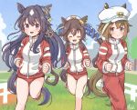  3girls animal_ears beret blue_eyes blue_hair blurry blurry_background breasts brown_hair buruma cheval_grand_(umamusume) closed_eyes closed_mouth dark_blue_hair earrings grass hair_between_eyes hair_ornament hat highres horse_girl jacket jewelry legs medium_breasts medium_hair multiple_girls pants rakugakiraid siblings single_earring sky smile sweat track_jacket umamusume v_sisters verxina_(umamusume) vivlos_(umamusume) 