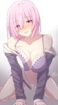  1girl :d all_fours bare_shoulders blush bottomless bra breasts cleavage collarbone commentary_request eyebrows_visible_through_hair eyes_visible_through_hair fate/grand_order fate_(series) frilled_bra frills gluteal_fold gradient gradient_background grey_background hair_over_one_eye head_tilt highres large_breasts long_sleeves looking_at_viewer mash_kyrielight navel nose_blush off_shoulder open_mouth partially_visible_vulva pink_hair purple_bra purple_eyes ramchi short_hair signature smile solo underwear 