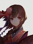  bangs blurry brown_hair closed_mouth depth_of_field expressionless eyebrows_visible_through_hair fish fish_hair_ornament floral_print goldfish grey_background hair_ornament highres japanese_clothes kagura_(onmyoji) kimono looking_at_viewer looking_to_the_side onmyoji red_eyes red_flowers short_hair short_hair_with_long_locks solo upper_body 