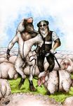  4_toes anthro barefoot black_nose brown_eyes brown_fur canine caprine clothed clothing digitigrade dog eyewear feral fur fursuit herd mammal natoli nude open_mouth sheep standing sunglasses teeth toes traditional_media_(artwork) wolf 