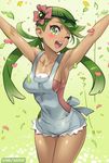  ;d apron armpits arms_up artist_name bangs bare_shoulders blush breasts cleavage collarbone covered_navel cropped_legs dark_skin flower green_eyes green_hair hair_flower hair_ornament happy long_hair mao_(pokemon) medium_breasts one_eye_closed open_mouth petals pink_shirt pokemon pokemon_(game) pokemon_sm ribbon satou_shouji shirt sideboob sleeveless sleeveless_shirt smile solo swept_bangs text_focus thighs trial_captain twintails 