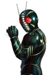  1993 1boy antennae arm_up belt bodysuit buckle clenched_hand commentary_request helmet highres kamen_rider kamen_rider_zo male_focus masukudo_(hamamoto_hikaru) red_eyes solo 