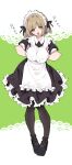  1girl :p absurdres alternate_costume apron black_dress black_footwear black_pantyhose breasts breasts_squeezed_together brown_eyes collared_dress commentary_request dress enmaided frilled_apron frilled_dress frills full_body green_background hamayumiba_sou hands_on_own_breasts head_tilt highres lace_background large_breasts light_brown_hair looking_at_viewer maehara_nina maid maid_headdress medium_dress ochikobore_fruit_tart pantyhose romaji_text short_hair short_sleeves solo standing tongue tongue_out translation_request white_apron white_background 