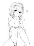  alice_margatroid arm_support bikini blush breasts cameltoe cleavage collarbone greyscale hairband heart highres large_breasts leg_up looking_at_viewer micro_bikini monochrome navel pyonsuke_(pyon2_mfg) short_hair simple_background sketch smile solo strap_gap strap_lift swimsuit touhou white_background 