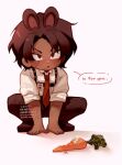  1boy animal_ears black_footwear black_pants bow carrot collared_shirt dark-skinned_male dark_skin english_text heart highres holster id_card jewelry limbus_company mipoyos necktie pants project_moon purple_eyes rabbit_ears red_necktie ring scar scar_on_arm scar_on_face scar_on_hand shirt shoes shoulder_holster simple_background solo speech_bubble sweatdrop twitter_username watermark white_background white_shirt 